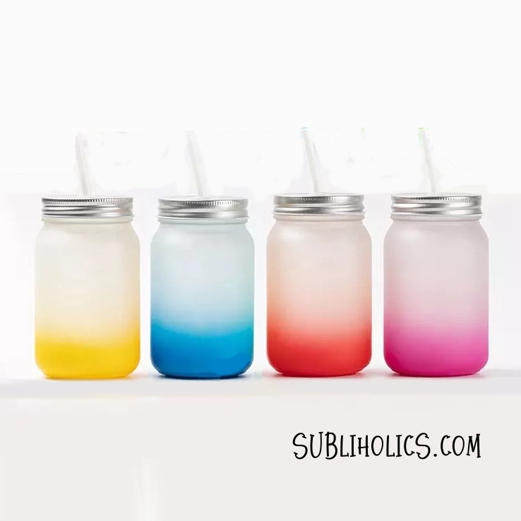 Mason Jar Style Glass Frosted Ombre With Lid & Straw