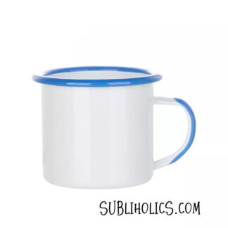 Camping Mug - 12 oz Enamel for Sublimation with Rolled Light Blue Rim and Handle