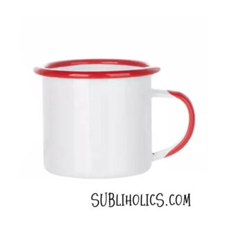 Camping Mug - 12 oz Enamel for Sublimation with Rolled Red Rim and Handle