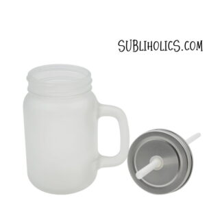 Mason Jar Style Glass with Handle - Frosted - With Lid & Straw