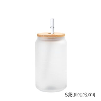 Beer Can Style Frosted Glass With Bamboo Lid - 18 oz