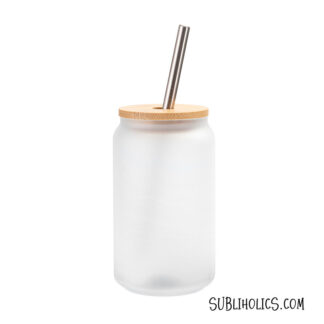 Beer Can Style Frosted Glass With Bamboo Lid & Metal Straw - 18 oz