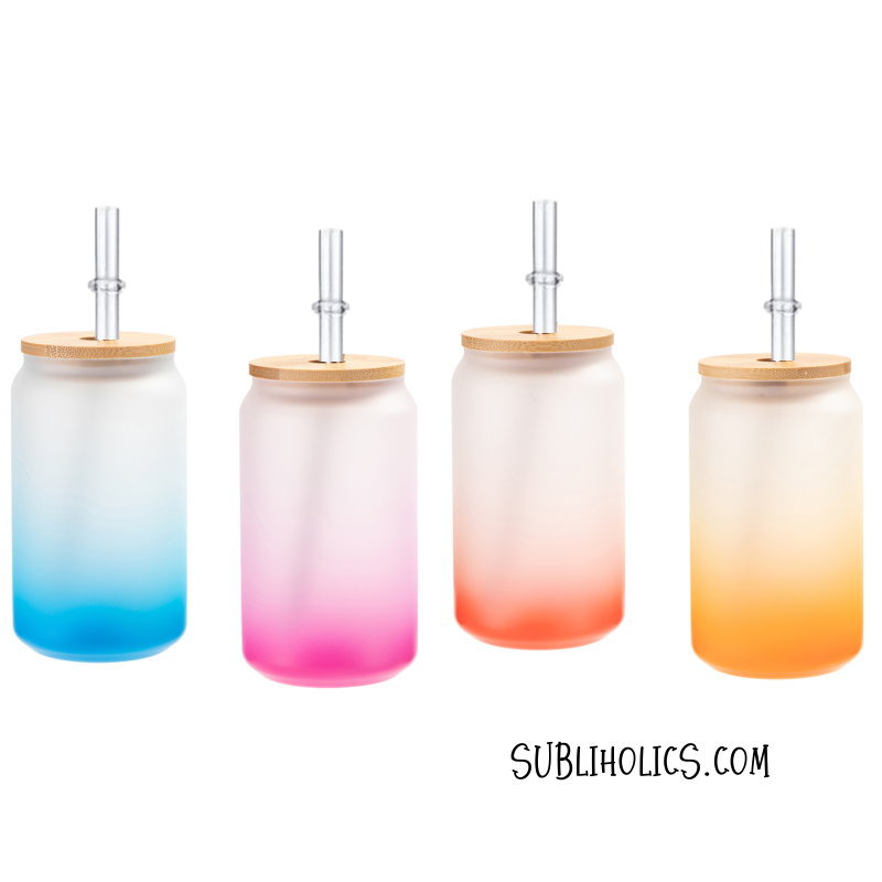 18 oz Beer Can Style Frosted Ombre Gradient Glass With Bamboo Lid & Straw - 4 Colours