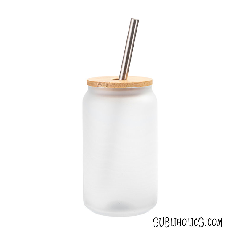 Beer Can Style Frosted Glass With Bamboo Lid & Metal Straw – 18 Oz 