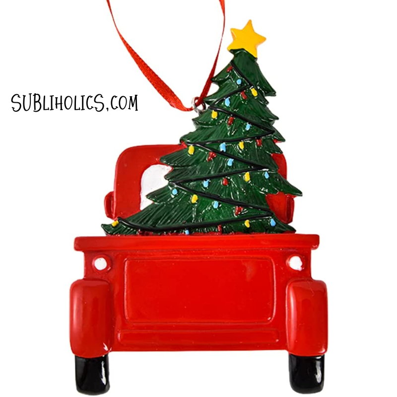 Vintage Red Truck with Christmas Tree - 3 Dimensional Resin Ornament