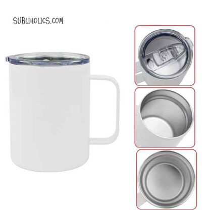 Coffee Travel Mug with Handle for Sublimation  - Stainless Steel White Finish 10 oz Seamless - Image 3