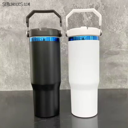 30 oz Stanley Style Flip Tumbler with Blue Underlay for Laser Engraving