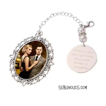 Large Double Sided Oval Clip on Photo Charm with Engraved Poem - Bridal Bouquets, Grad Caps