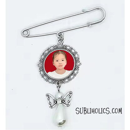 Photo Charm Pin - Round with One Photo & Pearl Angel Charm