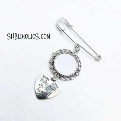 Photo Charm Pin - Round with One Photo & Engraved Heart Charm - Image 2