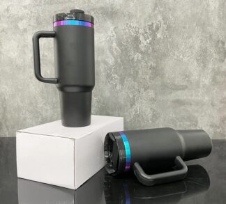 40 oz Stanley Style Tumbler for Laser Engraving - Black with Purple/Blue Ombre Chroma Underlay