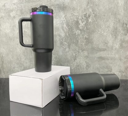 40 oz Stanley Style Tumbler for Laser Engraving - Black with Purple/Blue Ombre Chroma Underlay
