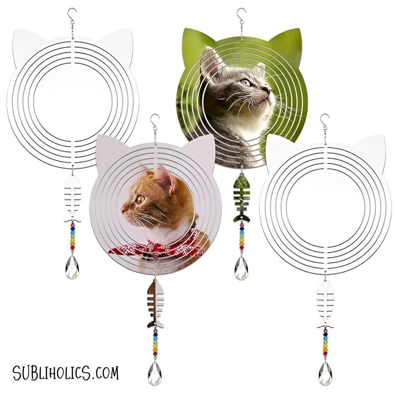 Wind Spinner Aluminum Sublimation Ornament #29 - Cat with Fish + Crystals